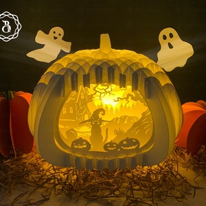 Chat sorcière citrouille pop up 3D SVG, fichier modèle de découpe de papier Halloween - Halloween pop-up carte 3D - citrouille popup