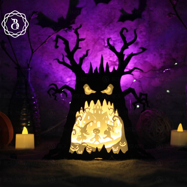 Halloween Ghost Tree Shadowbox - Halloween Scherenschnitt Template-Datei - Ghost Tree Light Shadowbox 3D SVG - Halloween Dekoration