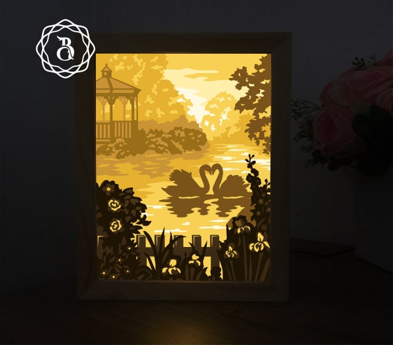 Swans Light Box Template, Paper Cutting Template, 3D Shadow Box