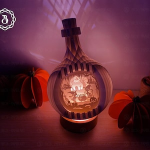 Pop Up 3D Magic Water Bottle con Cat Witch Cute - Archivo de plantilla de corte de papel de Halloween - Tarjeta 3D emergente de esfera de Halloween