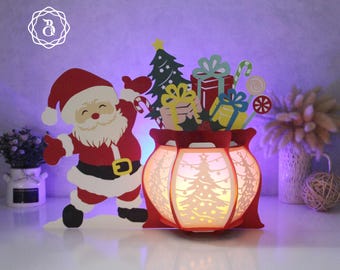 Santa Gift Bag Lantern Paper Cut SVG: 3D Christmas Tree Luminary (Digital Download)