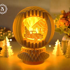 Camión de Navidad con esfera de árbol Popup 3D - Feliz Navidad Globe Pop Up 3D SVG - Plantilla de corte de papel de Navidad SVG