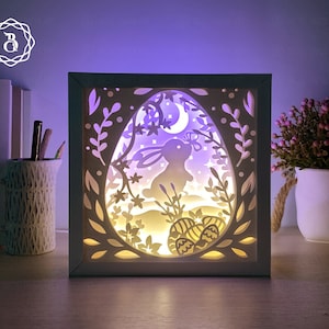 Lapin de Pâques Decor Shadowbox SVG - Modèle de coupe de papier de Pâques - Oeufs de lapin de Pâques SVG - Boîte à lumière de l'ombre de Pâques