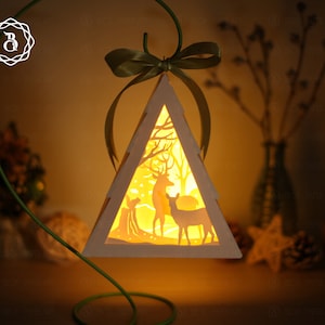 Hanger Lantern Deer In The Pine Tree Shadowbox SVG - Paper Cut Lamp Buon Natale - Xmas Lantern SVG - Paper Cut Christmas Ornaments