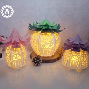 Faroles de papel con forma de casa de hadas y flores - Faroles de papel con forma de casa de hadas y flores de liana - Plantilla para cortar papel - Regalo hecho a mano