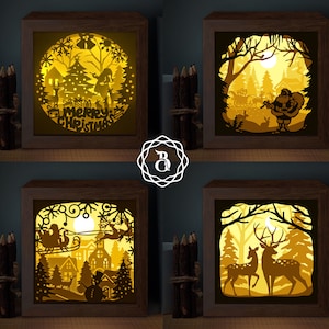 COMBO 4 Items Merry Christmas Light Box Template, 3D Shadow Box SVG, Paper Cutting Template, Light Box SVG Files