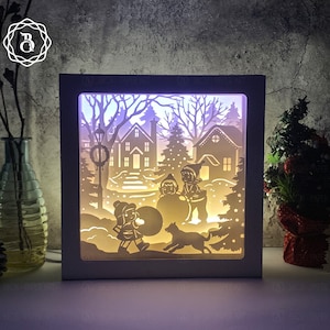 Children Play In The Snow Shadowbox SVG, Christmas Light box Template, 3D Shadow box SVG, Paper Cutting Template SVG Files