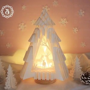 Famille de cerfs dans le sapin de Noël 3D - Joyeux Noël Pop Up 3D SVG - Noël papier découpé modèle SVG - fichiers SVG