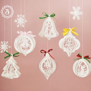 Pak 6 kerstpop-up 3D-ornamenten op papier gesneden sjabloon, hangende ornamenten Cricut Svg