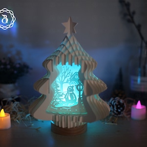 Árbol de Navidad con muñeco de nieve lindo emergente 3D - Feliz Navidad emergente 3D SVG - Plantilla de corte de papel de Navidad SVG - Archivos SVG - Plantillas digitales