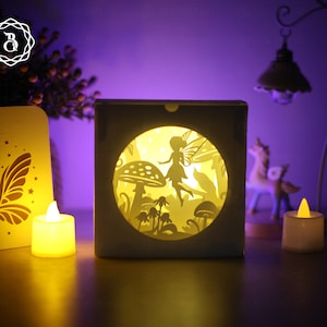 Plat pliant mystère Candy Box fée dans la forêt de champignons, plat boîte pliante, mystère cadeaux boîte fichiers SVG, fée papier coupe modèle