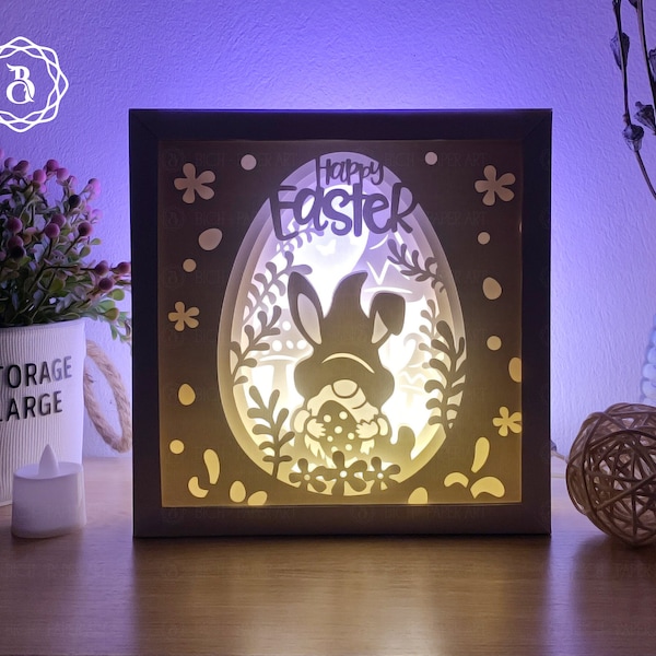 Gnome Easter Bunny Egg Shadowbox SVG- DIY Easter Decor – Easter Paper Cut Template – Easter Bunny Eggs SVG