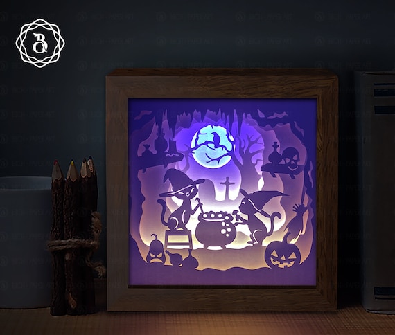 Cat Witch Shadow Box SVG: Halloween Paper Cutting Template (Digital Download)