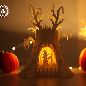 Halloween spookboom met heks pop-up 3D - Halloween-sjabloonbestand voor papier snijden - Halloween pop-up 3D-kaart - spookboom pop-up 3D