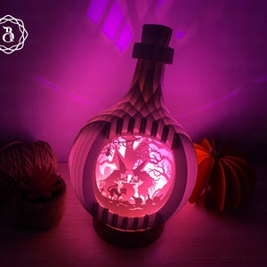 Pop Up 3D Bouteille d’eau magique Sorcières d’Halloween - Fichier de modèle de découpe de papier d’Halloween - Carte 3D pop-up sphère d’Halloween