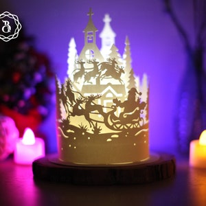 Lanterne di carta Babbo Natale e renne - Lampada di carta tagliata Buon Natale - Modello di taglio della carta - Lanterna di Natale - Lanterna di carta di Natale