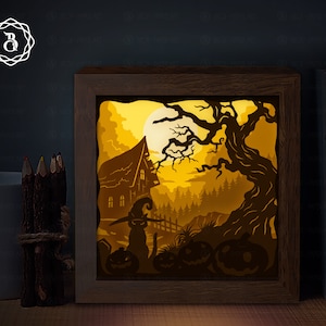 Cat Witch Halloween Shadow Light Box SVG, Halloween Paper Cut Template, Light box SVG Files