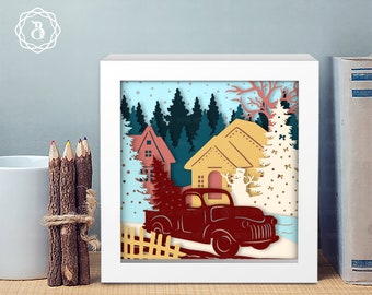 Red Christmas Truck With Tree Shadow box SVG, Red Truck Light box Template, 3D Shadow box SVG, Xmas Paper Cutting Template SVG