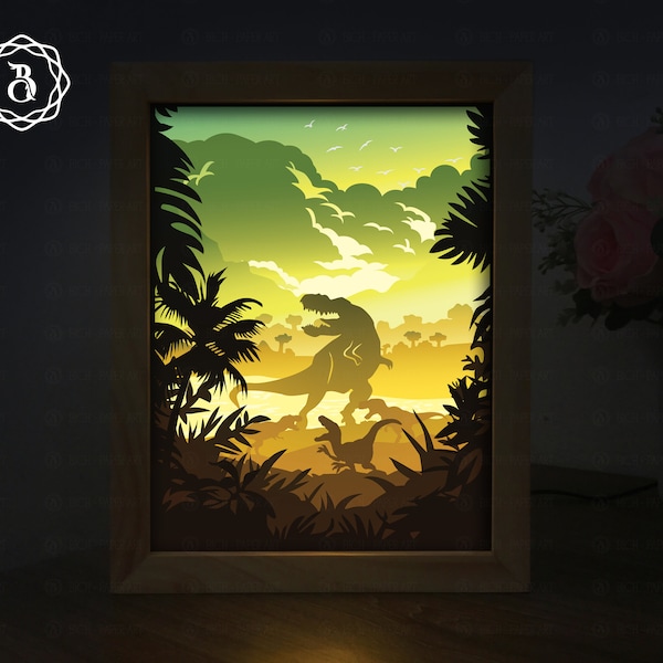 Dinosaur Light Box Template, Paper Cutting Template, Dinosaur 3D Shadow Box SVG Files
