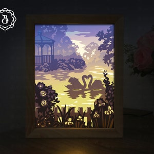 Plantilla de caja de luz de cisnes, plantilla de corte de papel, arte de caja de sombra 3D, archivos SVG de caja de luz