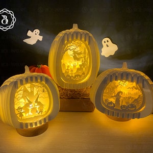 Combo de 3 elementos: calabaza de Halloween emergente en 3D, archivo de plantilla de corte de papel, tarjeta emergente en 3D de Halloween, calabaza emergente en forma de esfera