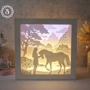 Modello di lightbox Horse Girl, modello di ritaglio della carta, scatola delle ombre del cavallo SVG, file SVG Girl With Horse