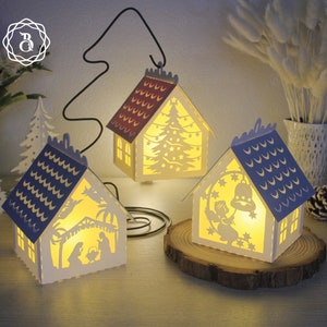Modello mini carta tagliata per villaggio di Natale - Case del villaggio di Natale illuminate a LED - Lanterna di Natale SVG - Decorazioni natalizie per mini casa