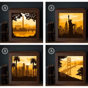 Combo of 4 Light Box Templates: City in the U.S, Shadow box SVG, Paper Cutting Template, Light Box SVG Files