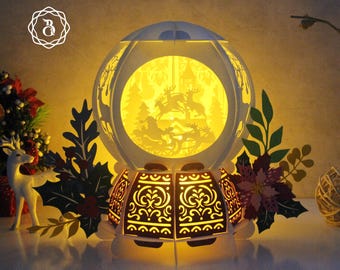 Christmas Snow Globe Paper Cut SVG With Santa And Reindeer, Christmas Lantern Digital Download
