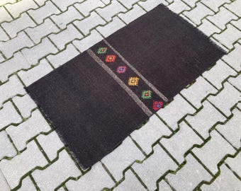 Vintage Turkish Kilim Rug: Dark Brown Striped Goat Hair, 2x4 ft