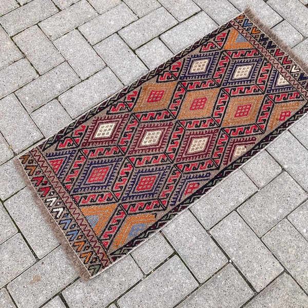 Red small kilim rug, Embroidered small rug, Vintage bath mat, Door mat rug, Entryway rug, Colorful small rug, Boho home decor rug, 1x3 rug