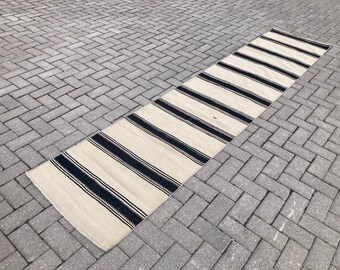 Vintage Turkish Striped Runner Rug: Black & White Wool Kilim (2x11)