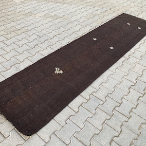 Vintage Dark Brown Goat Hair Runner Rug: Turkish Kilim, 2x15