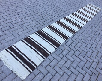 Vintage Turkish Wool Runner Rug: Handmade Striped Kilim (2x16 ft)