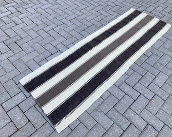 Vintage Striped Wool Runner Rug: Turkish Kilim, Farmhouse Decor (2x7)