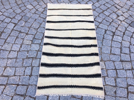Vintage Turkish Kilim Runner Rug: Black & White Striped Wool, 2.3x4.5 ft