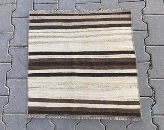 Vintage Turkish Kilim Rug: Striped Wool Doormat (2x2 ft)