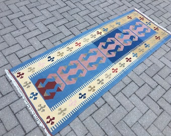 Antyczny turecki dywanik kilim: ręcznie robiony wełniany dywan boho (2 x 7 stóp)