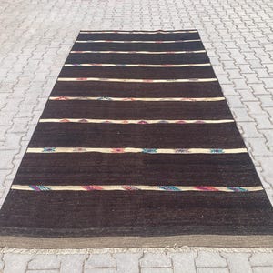 Dark brown area rug, Striped flat weave area rug, Turkish kilim rug, Goat hair wool area rug, Handwoven area rug, Boho home decor, 5x10 rug