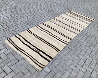 Vintage Turkish Kilim Runner Rug: Striped Wool Flatweave, 4x11.7 ft