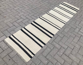 Vintage Turkish Kilim Runner Rug: Black & White Striped Wool, 2x8