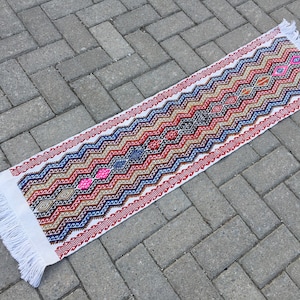 Embroidered Turkish Kilim Rug: Handmade Wool Table Runner (1x4 ft)