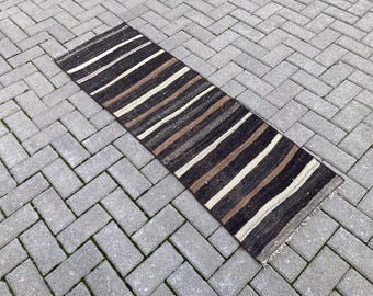 Striped short runner rug, Goat hair runner rug, Flatweave runner rug, Kilim runner rug, Brown runner rug, Wool runner rug, 2x5 runner rug