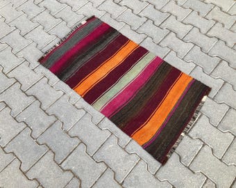 Striped Turkish Kilim Rug: Vintage Flatweave Entryway Rug (2x3)