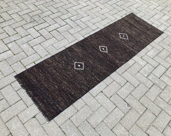 Mid century modern runner rug, Brown short runner rug, Narrow runner rug, Kilim runner rug, Goat hair runner rug, Flatweave rug, 2x6 rug