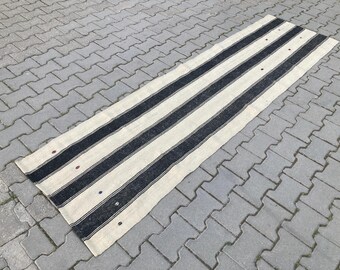 Vintage Turkish Kilim Runner Rug: Black & White Striped Wool (2x9)