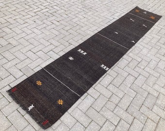 Vintage Turkish Kilim Runner Rug: Organic Goat Hair, Black Striped (2x11 ft)