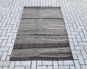 Vintage dark brown area rug, Flatweave area rug, Turkish area rug, Minimalist area rug, Goat hair wool area rug, 4x6 area rug