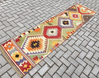Antyczny turecki dywanik Kilim Runner: kolorowa wełna, płaski splot (2 x 9 stóp)