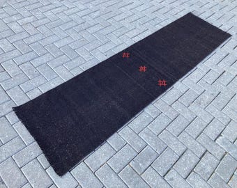 Solid black runner kilim rug , Organic runner rug , Handmade runner rug , Kilim runner rug , Farmhouse runner rug , 2x8 runner rug